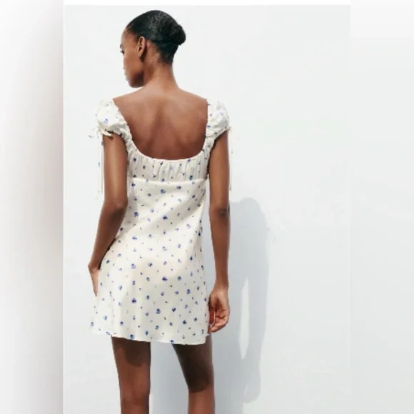 Zara Blue Floral Cream mini Dress XS - Picture 3 of 8